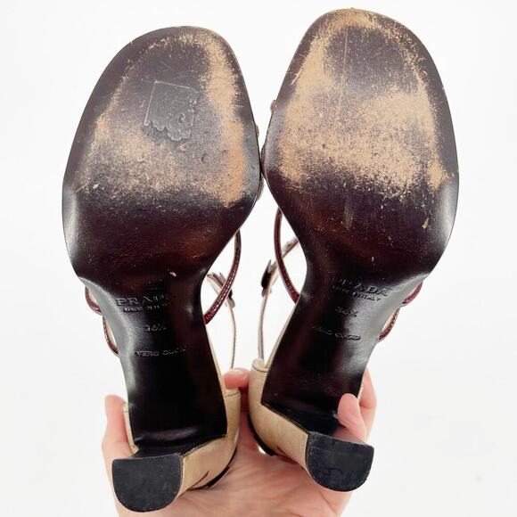 Prada Vintage S/S 1997 Beige Burgundy Leaf Detail Block Heel Sandal size IT 36.5 - Picture 12 of 13